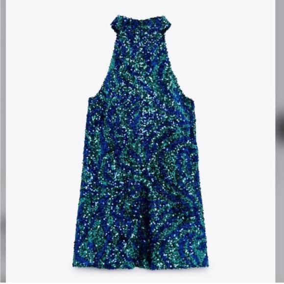 Zara Blue and Green SEQUIN HALTER DRESS - Picture 12 of 12